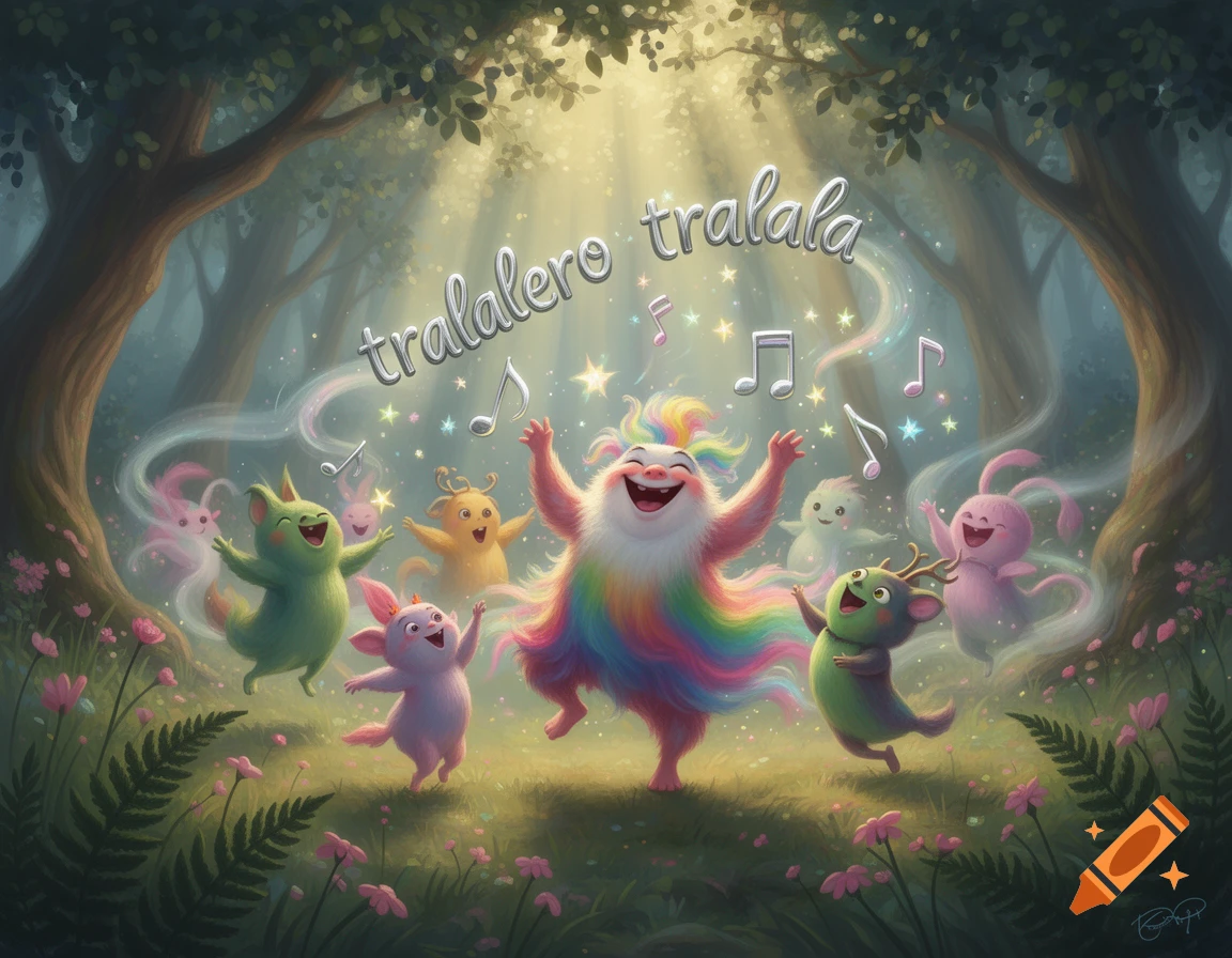 Colorful, fluffy, whimsical creatures dance happily in a sunlit forest with musical notes and "tralalero tralala" text.