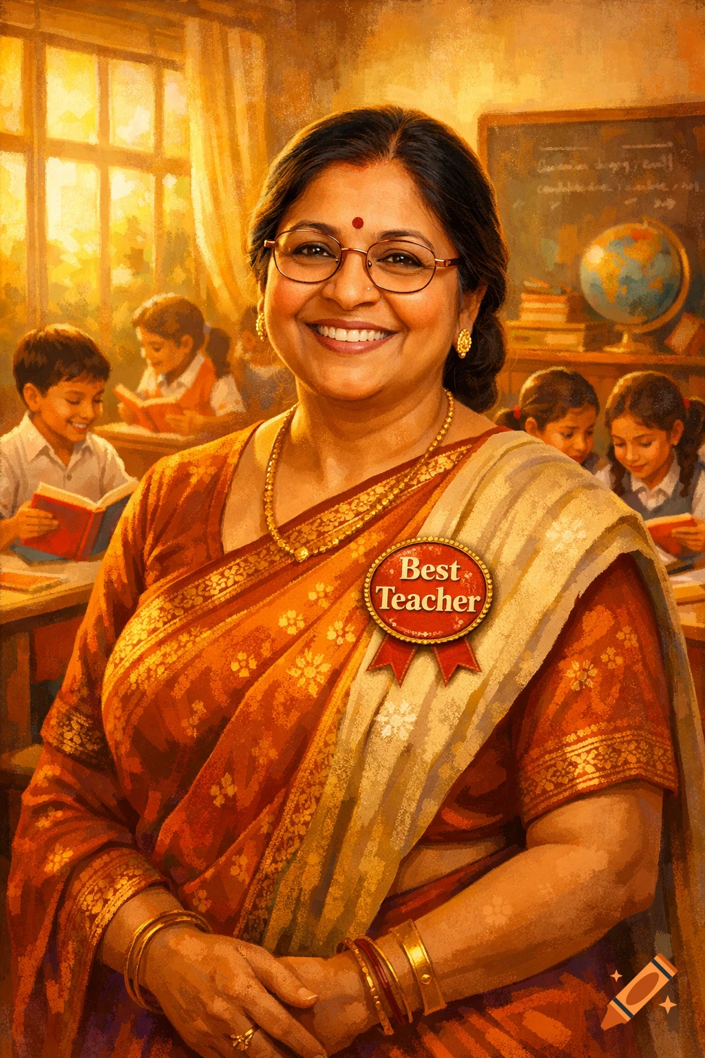 Smiling Indian teacher in an orange sari and glasses with 'Best Teacher' badge, stands in a sunlit classroom with students, painterly style.
