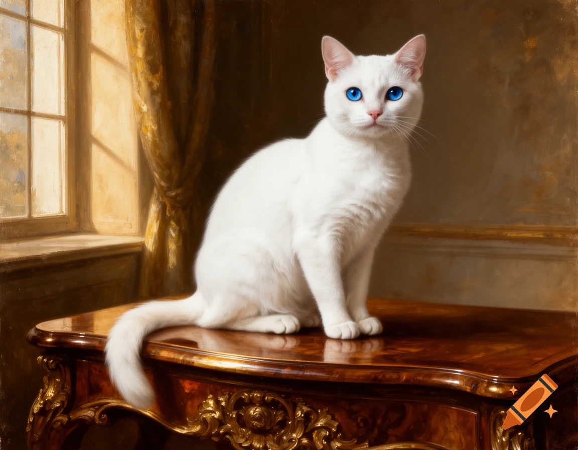 A white cat with striking blue eyes sits majestically on an ornate wooden table in a classic painting, illuminated by window light.