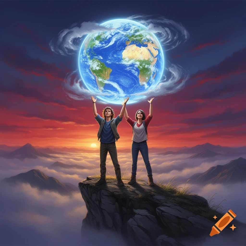Two people stand on a mountain peak, holding up a glowing Earth, against a dramatic sunset sky with clouds.
