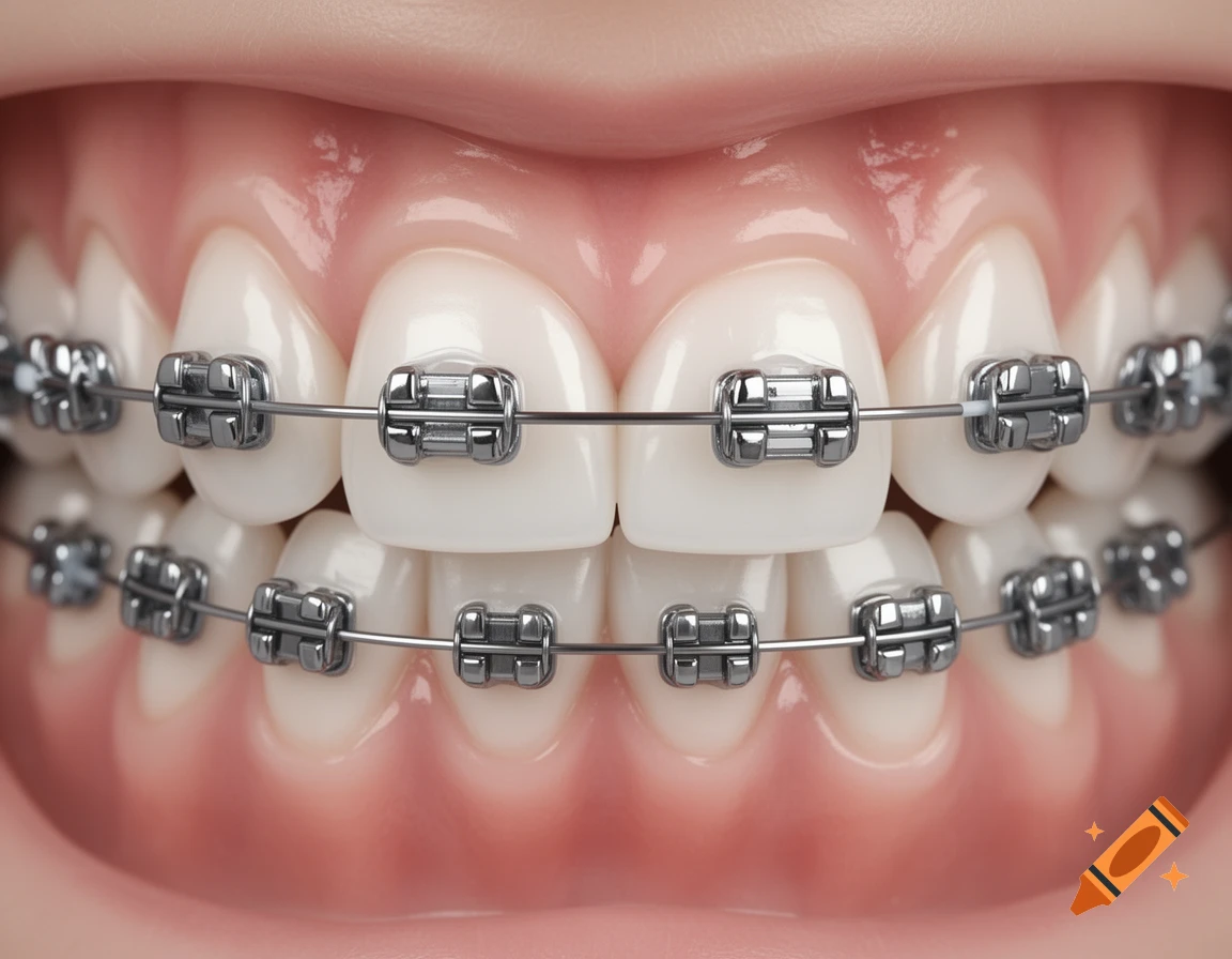 A close-up, photorealistic view of a mouth showing white teeth with metal dental braces.