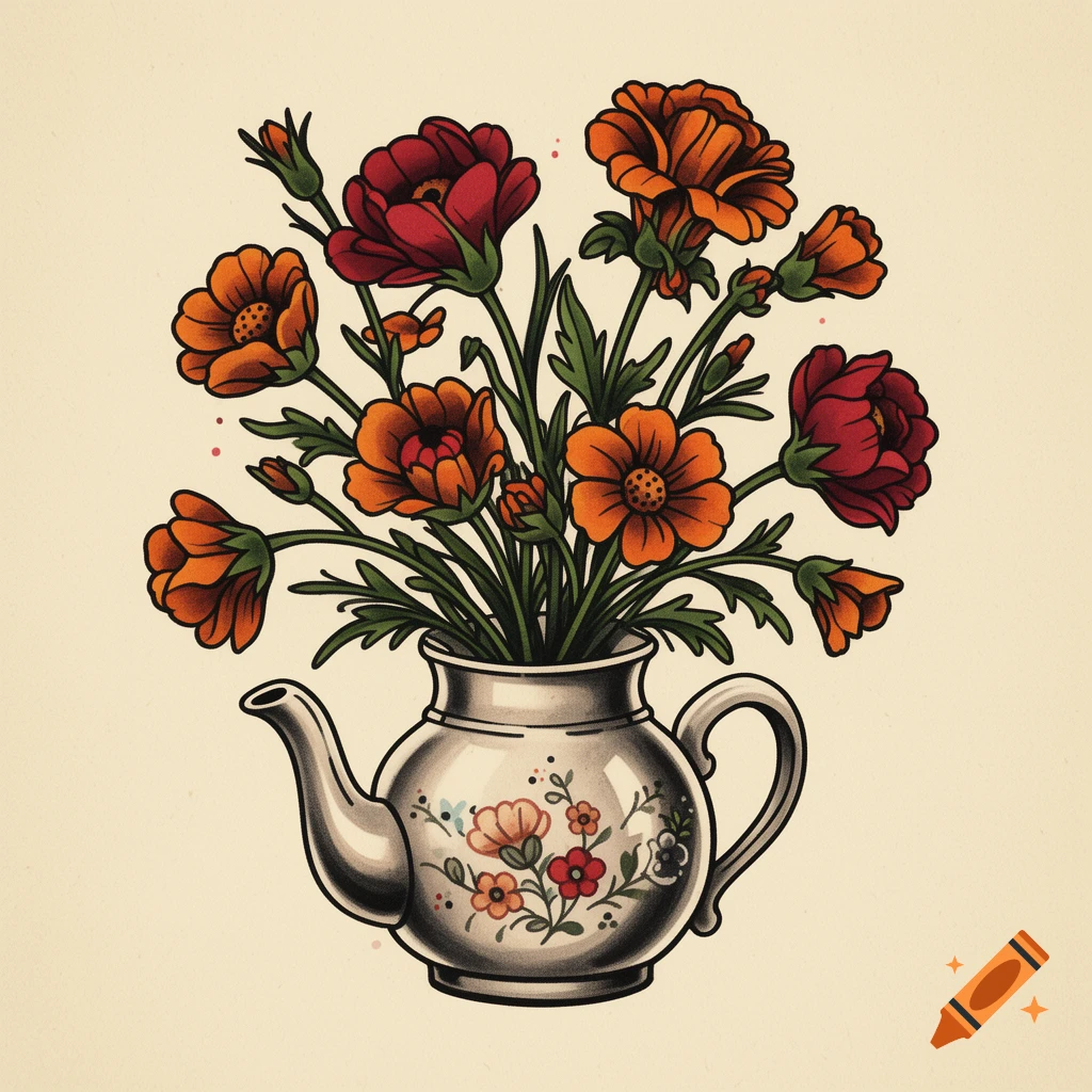Vibrant red and orange flowers in a grey teapot vase with floral designs, in a traditional tattoo flash art style on a cream background.