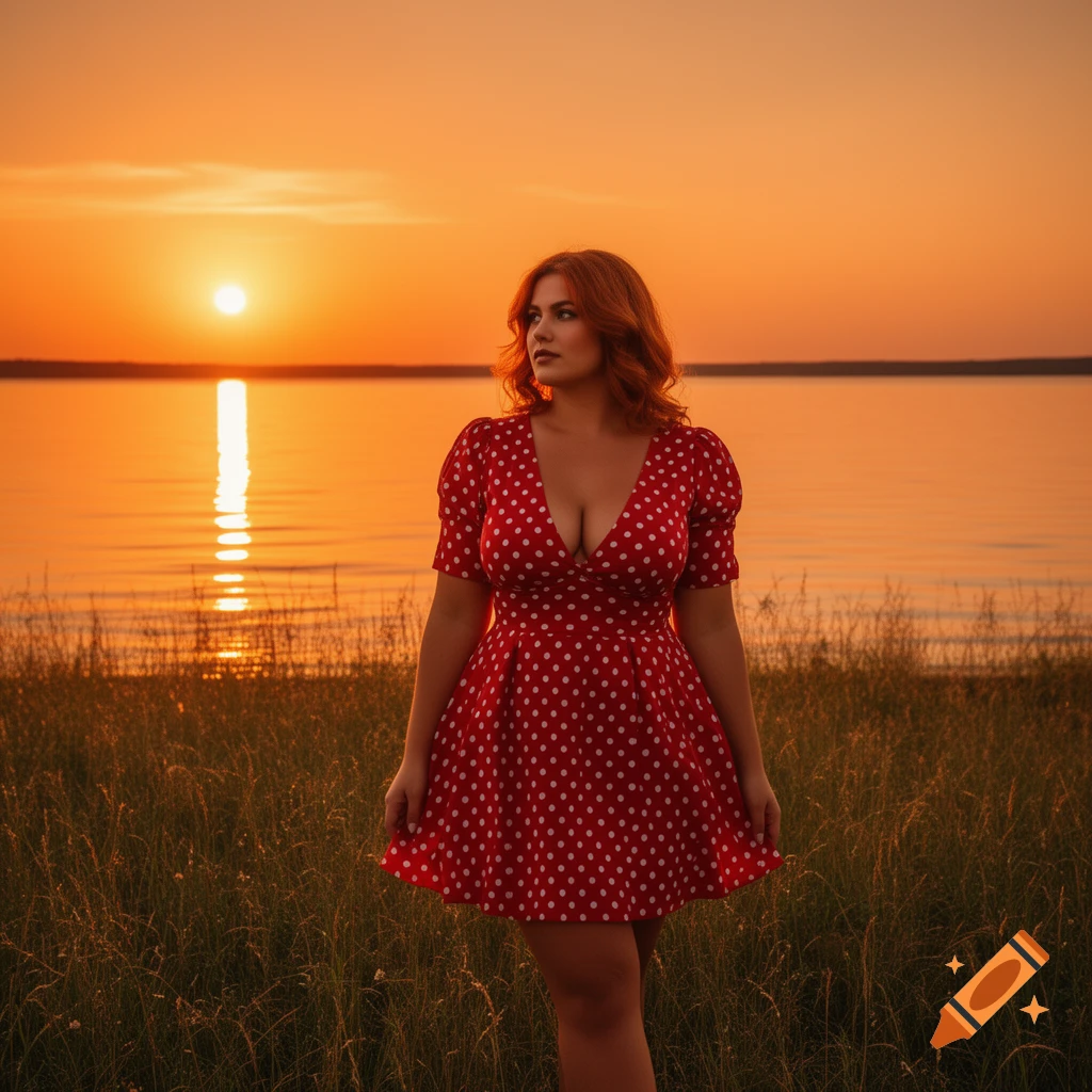 A woman in a red polka dot dress stands in a grassy field by a lake ...