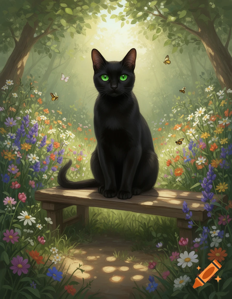 A black cat with glowing green eyes sits on a wooden bench in a sunlit ...