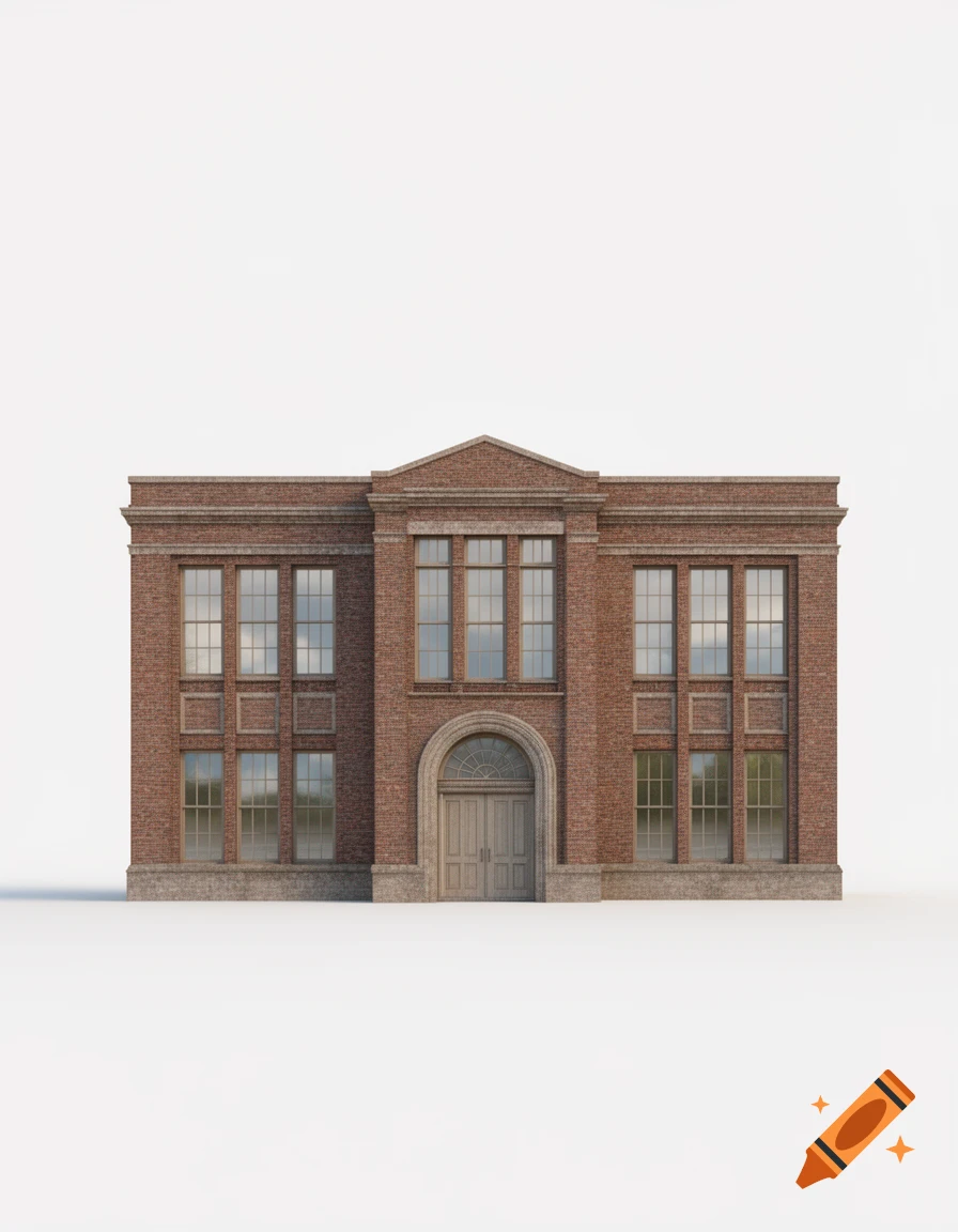 Photorealistic rendering of a red brick school building with a central arched entrance and many windows on a white background.