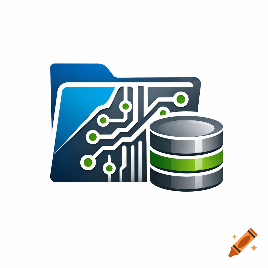 Modern logo with a blue folder, circuit board, and a silver and green database cylinder.