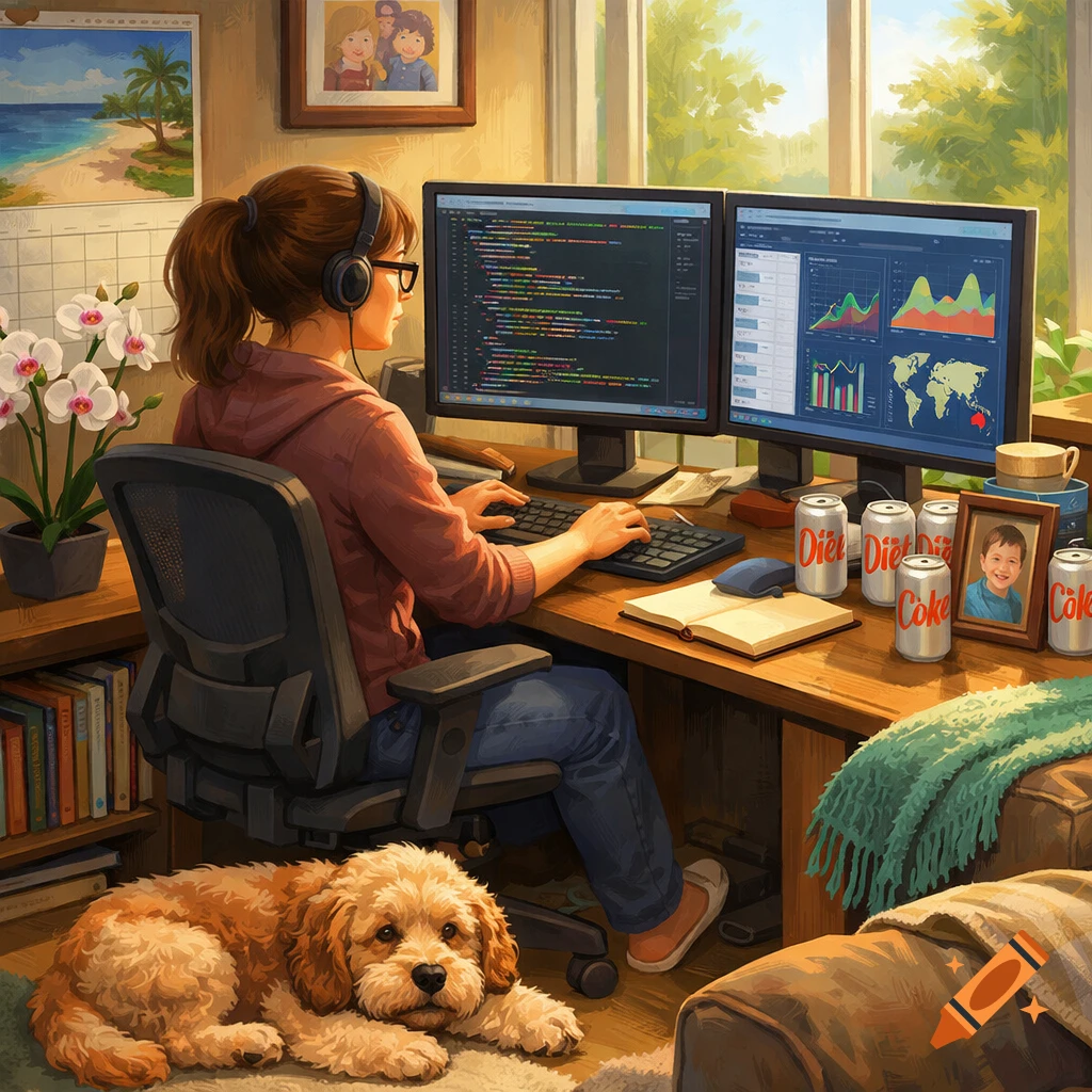 A woman with a ponytail and headphones works on two computer monitors displaying code and graphs in a bright home office, with a dog lying at her feet.
