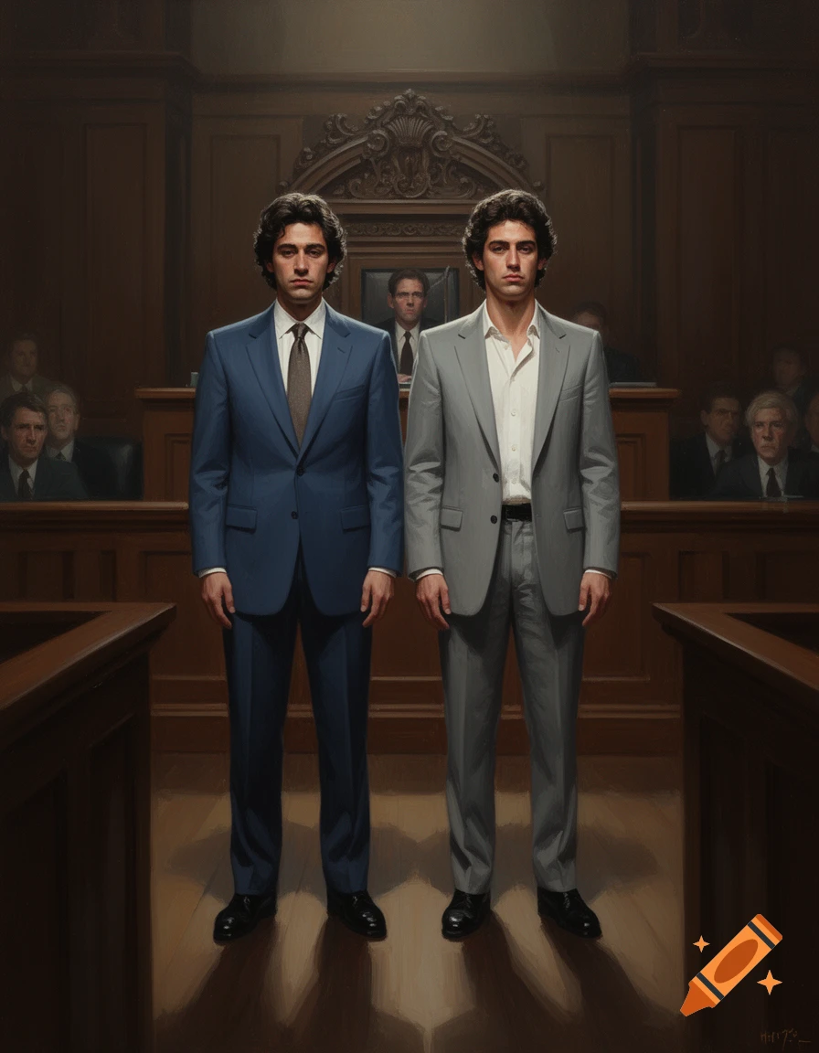 Two men in suits, resembling the Menendez brothers, stand side-by-side in a photorealistic courtroom scene.