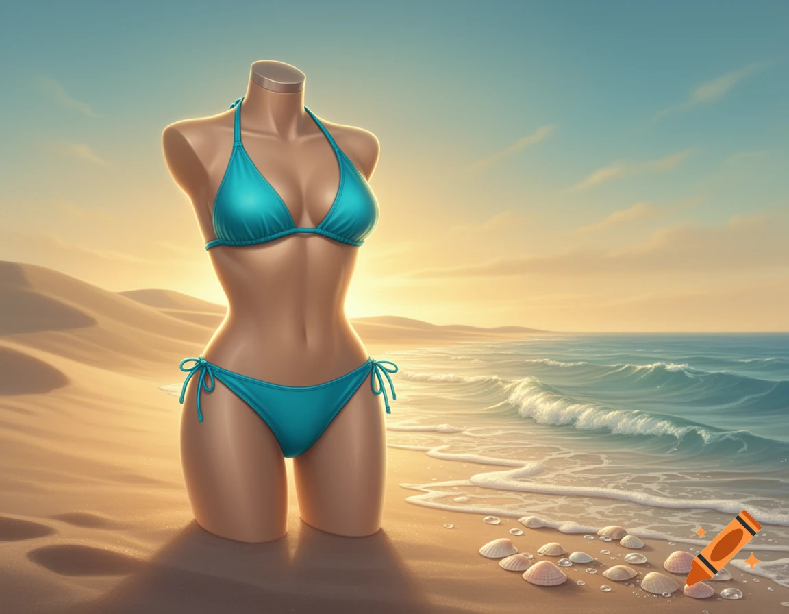 A headless mannequin torso wearing a teal bikini stands on a sandy beach next to the ocean at sunset, with seashells scattered nearby.