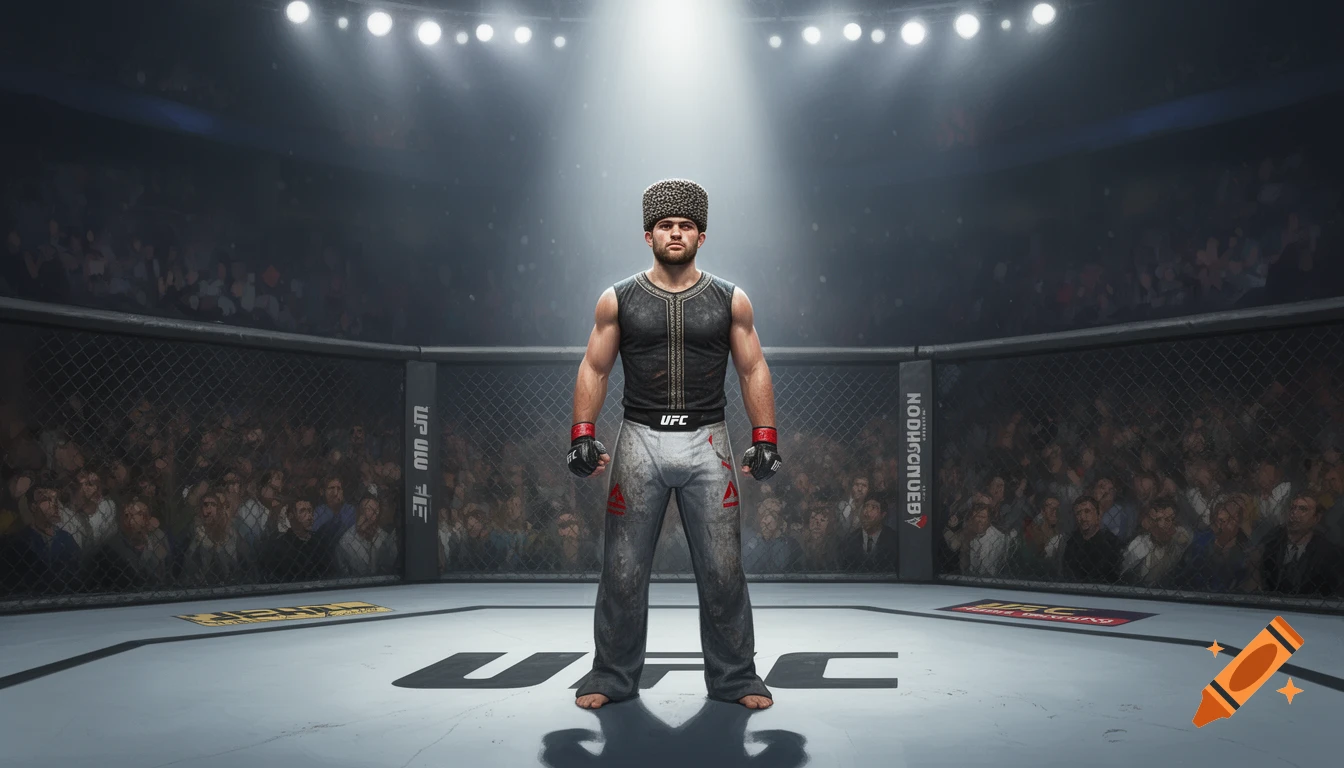 A male fighter in a fur hat and sleeveless top stands in an MMA octagon under spotlights, with a blurred crowd in the background.