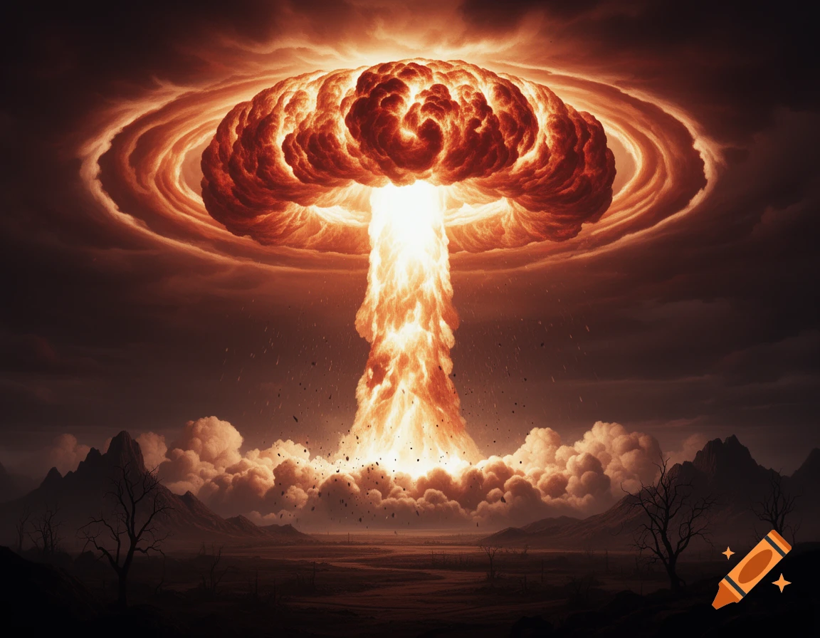 A massive, fiery mushroom cloud from a nuclear explosion rises over a dark, desolate landscape with mountains.
