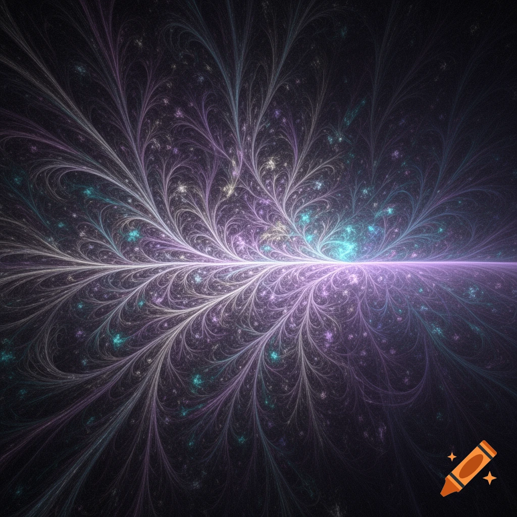 Abstract glowing fractal branching patterns in purple, teal, and white on a dark background.