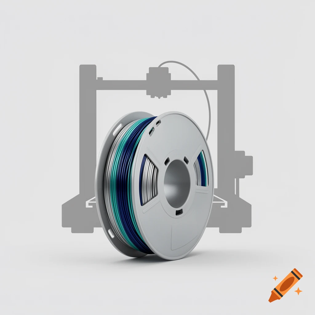 Minimalistic illustration of a silver, teal, and cobalt PLA filament spool in front of a gray 3D printer silhouette.
