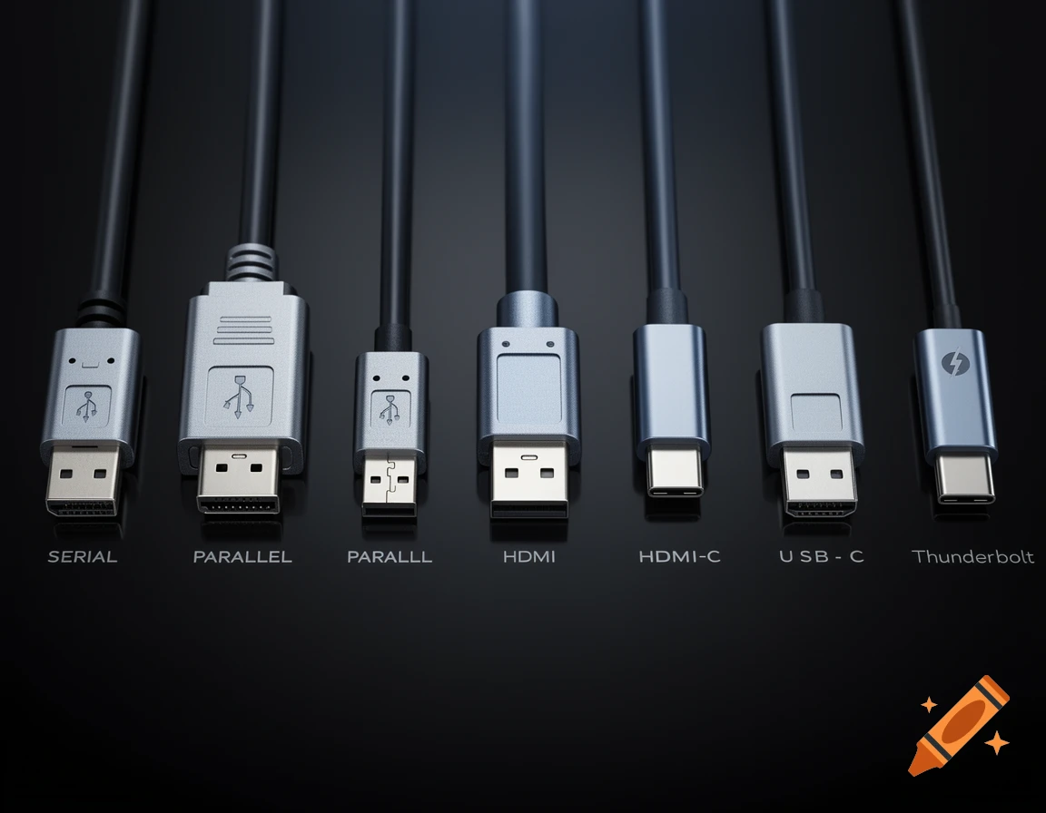 A row of seven different data and video cable connectors, including serial, parallel, HDMI, USB-C, and Thunderbolt, on a dark background.