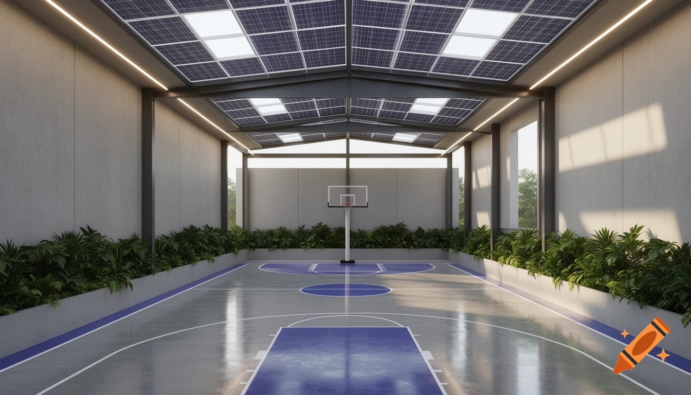 An indoor basketball court with a polished gray and blue cement surface, surrounded by green plants, and a roof made of solar panels.