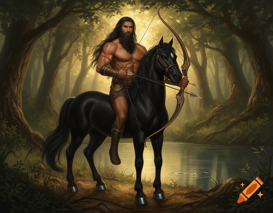 A muscular, bearded centaur with long dark hair, holding a bow and arrow, in a lush forest by a lake.