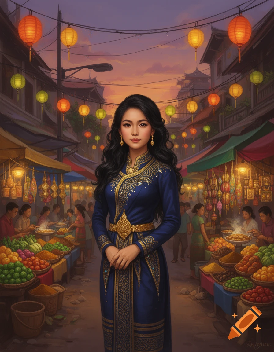 A young woman in a blue and gold traditional dress stands in a vibrant market street at sunset, illuminated by hanging lanterns.