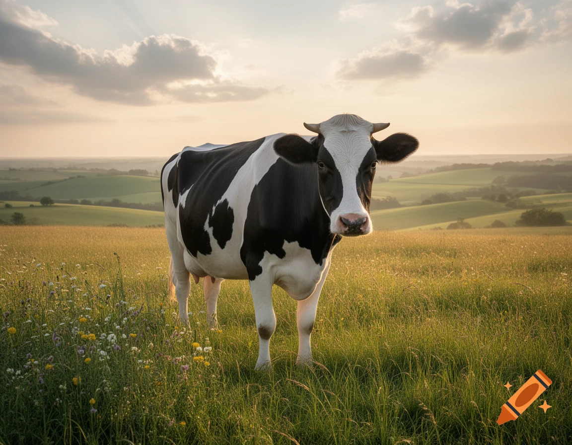 A black and white Holstein cow stands in a sunlit grassy field with wildflowers and rolling hills under a cloudy sunset sky.