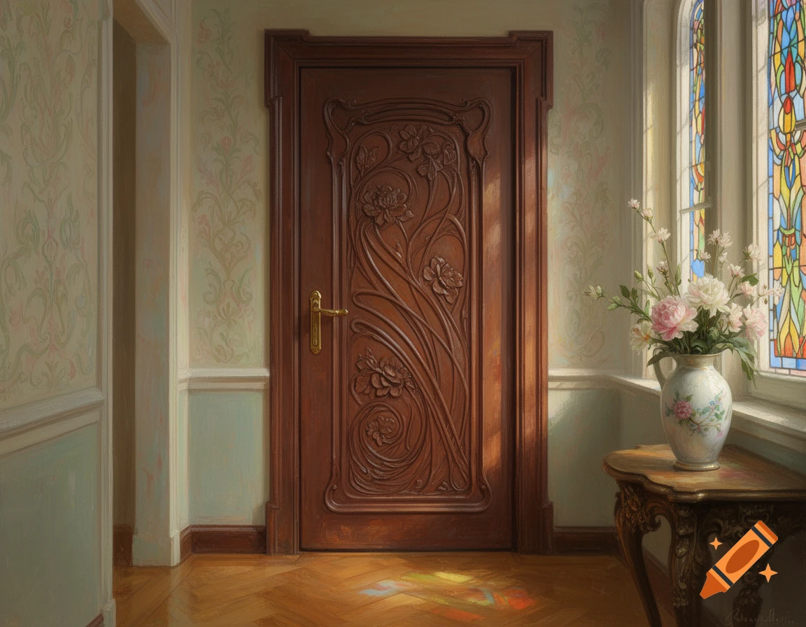 A detailed painting of a carved wooden door, a colorful stained glass window, and a vase of white and pink flowers in an old room.