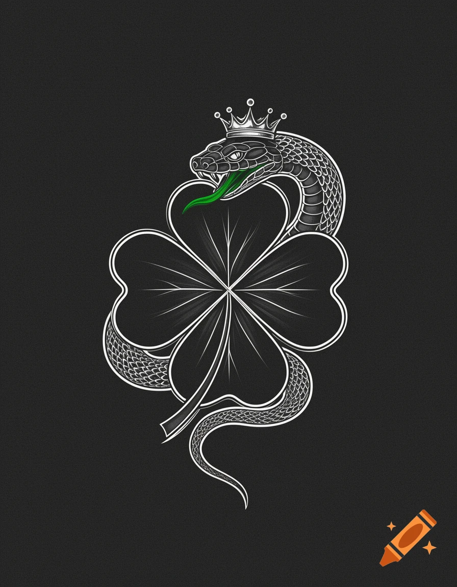 A white line art tattoo design featuring a crowned snake with a green tongue entwined around a four-leaf clover on a dark background.