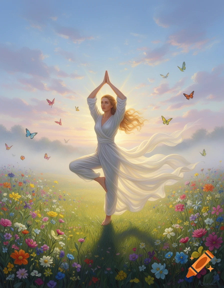 A woman in white does a yoga tree pose in a sunlit meadow filled with colorful wildflowers and butterflies.