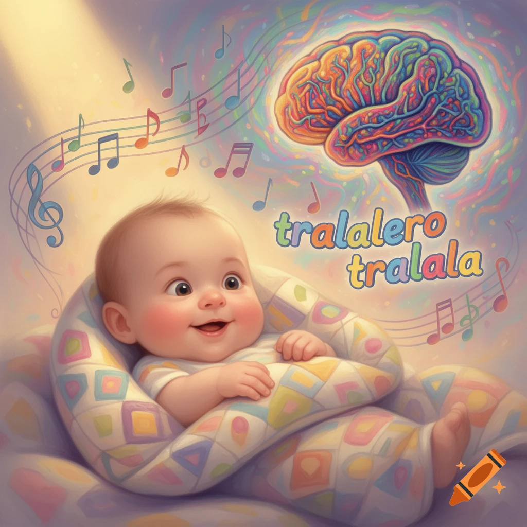 A cheerful baby wrapped in a colorful blanket, with musical notes and a vibrant brain floating above, and the text 'tralalero tralala'.