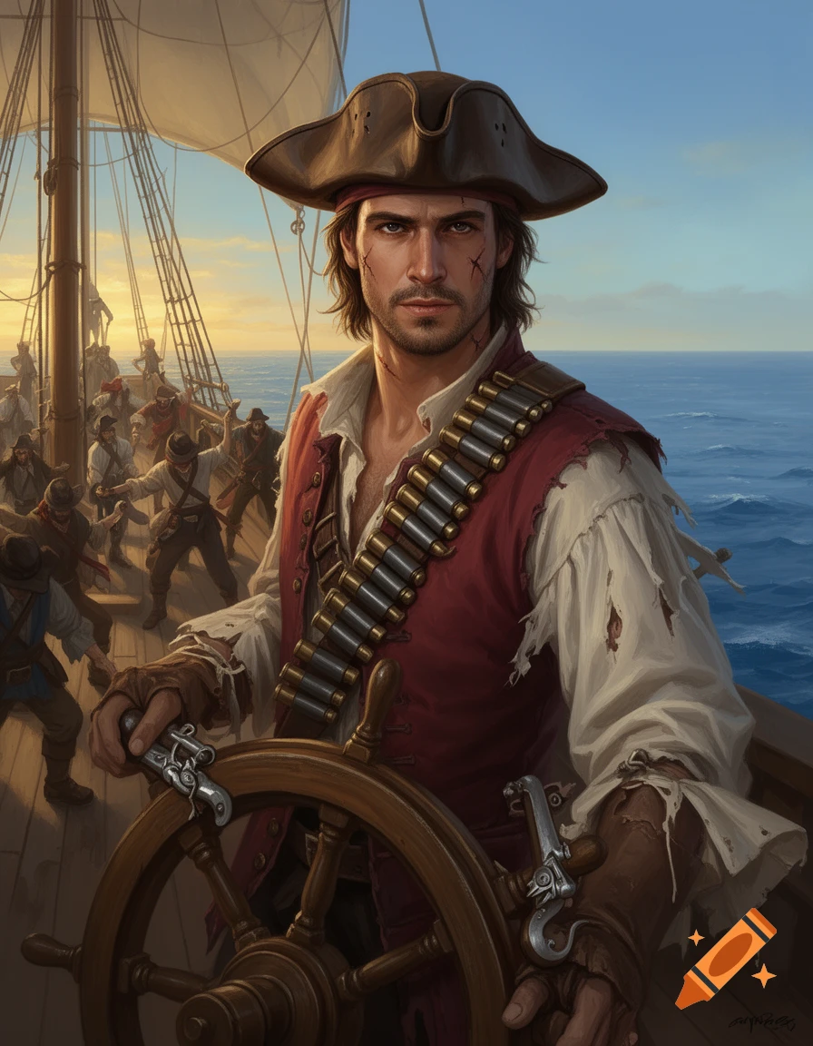 A rugged pirate captain in a tricorn hat and red vest steers a ship at ...