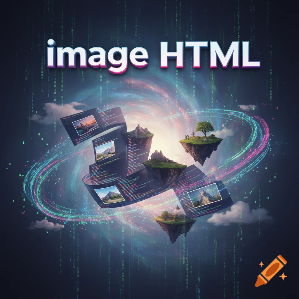 Digital art with 'image HTML' text over a swirling data vortex, floating islands with trees, and code snippets on data ribbons.