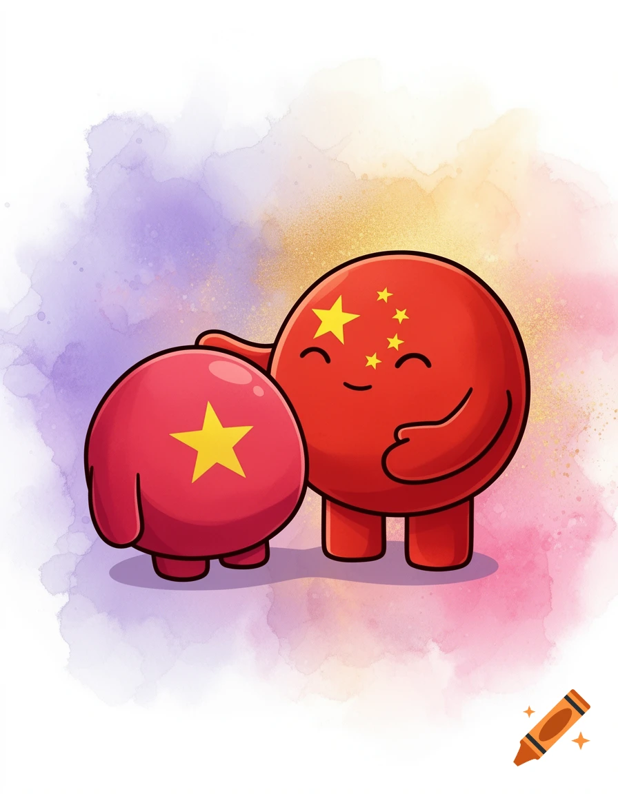 A cute cartoon illustration of a large red China countryball embracing a smaller red Vietnam countryball, both smiling, against a watercolor background.