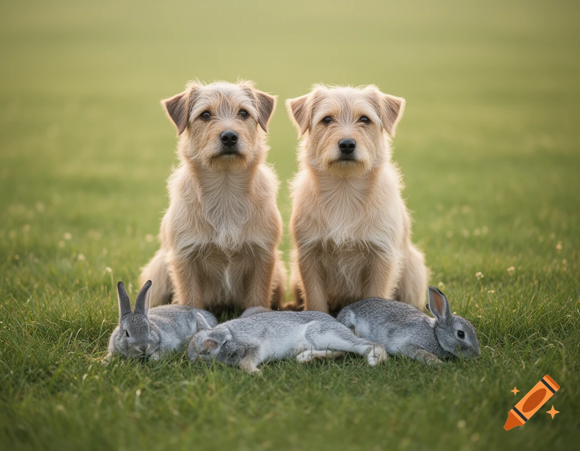 Two photorealistic terrier dogs sit in a grassy field with three grey, lifeless rabbits lying in front of them.