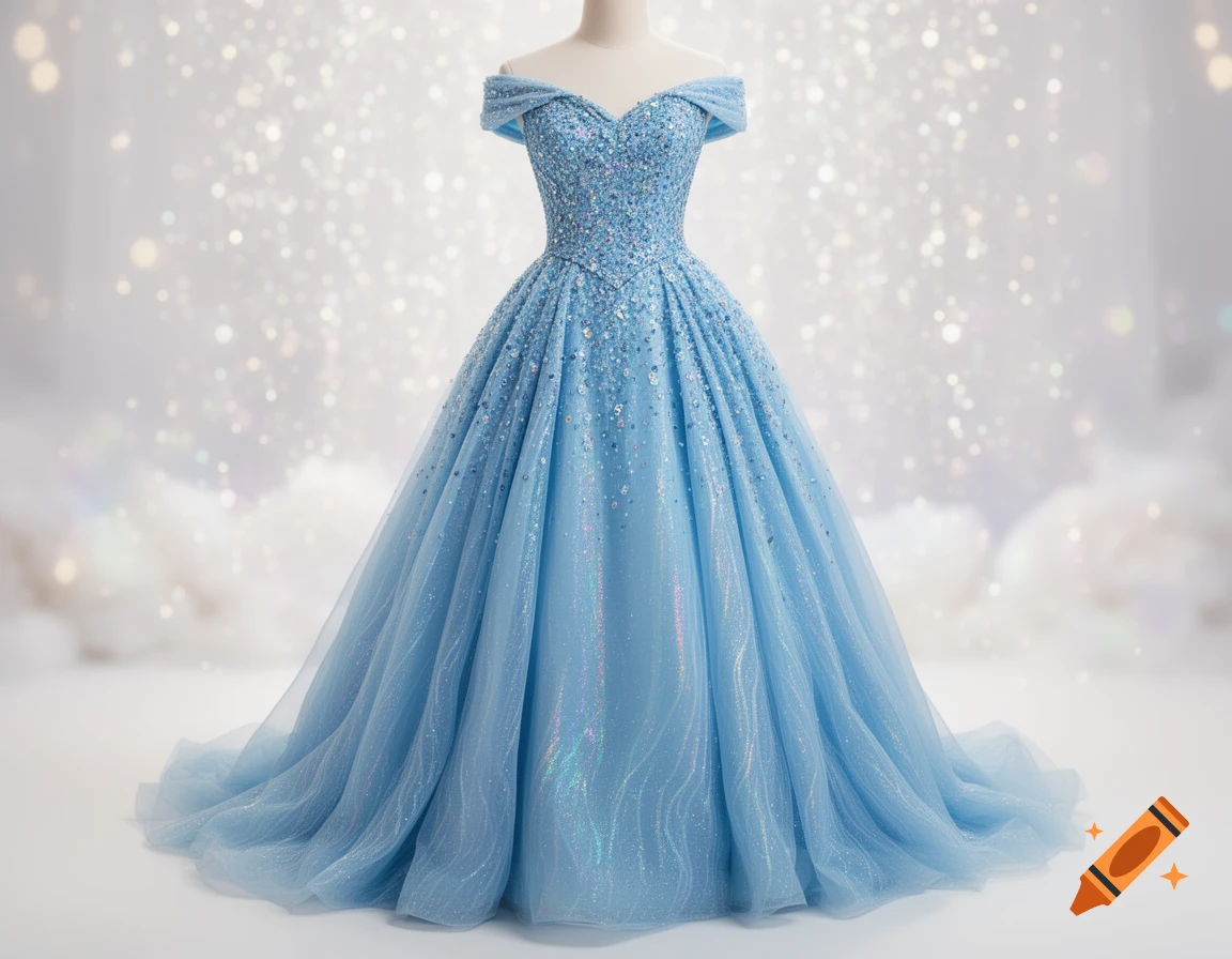 A sparkling light blue princess gown displayed on a mannequin against a glittery, ethereal background.