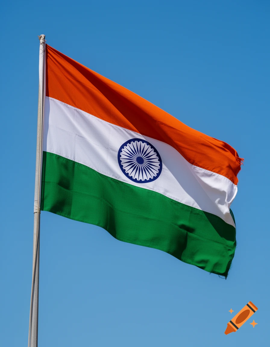 The flag of India, a tricolor of saffron, white, and green with the Ashoka Chakra in blue, waves against a clear blue sky.