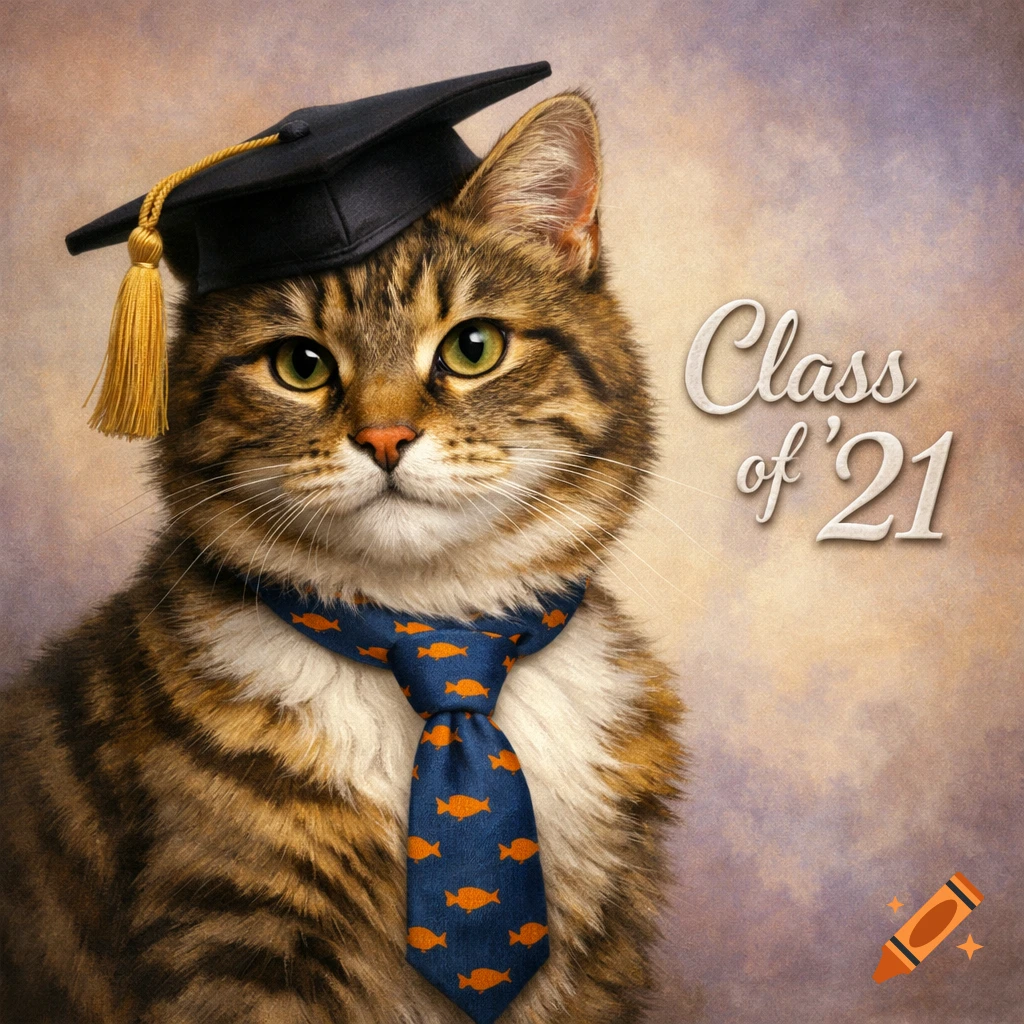 A photorealistic portrait of a tabby cat wearing a graduation cap and a blue fish-patterned tie, with 'Class of '21' on a textured background.
