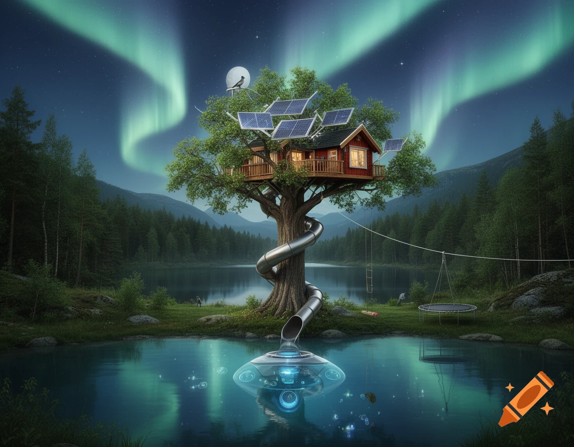 A fantastical treehouse with solar panels and a slide leading to an underwater pod, set by a lake under the aurora borealis.