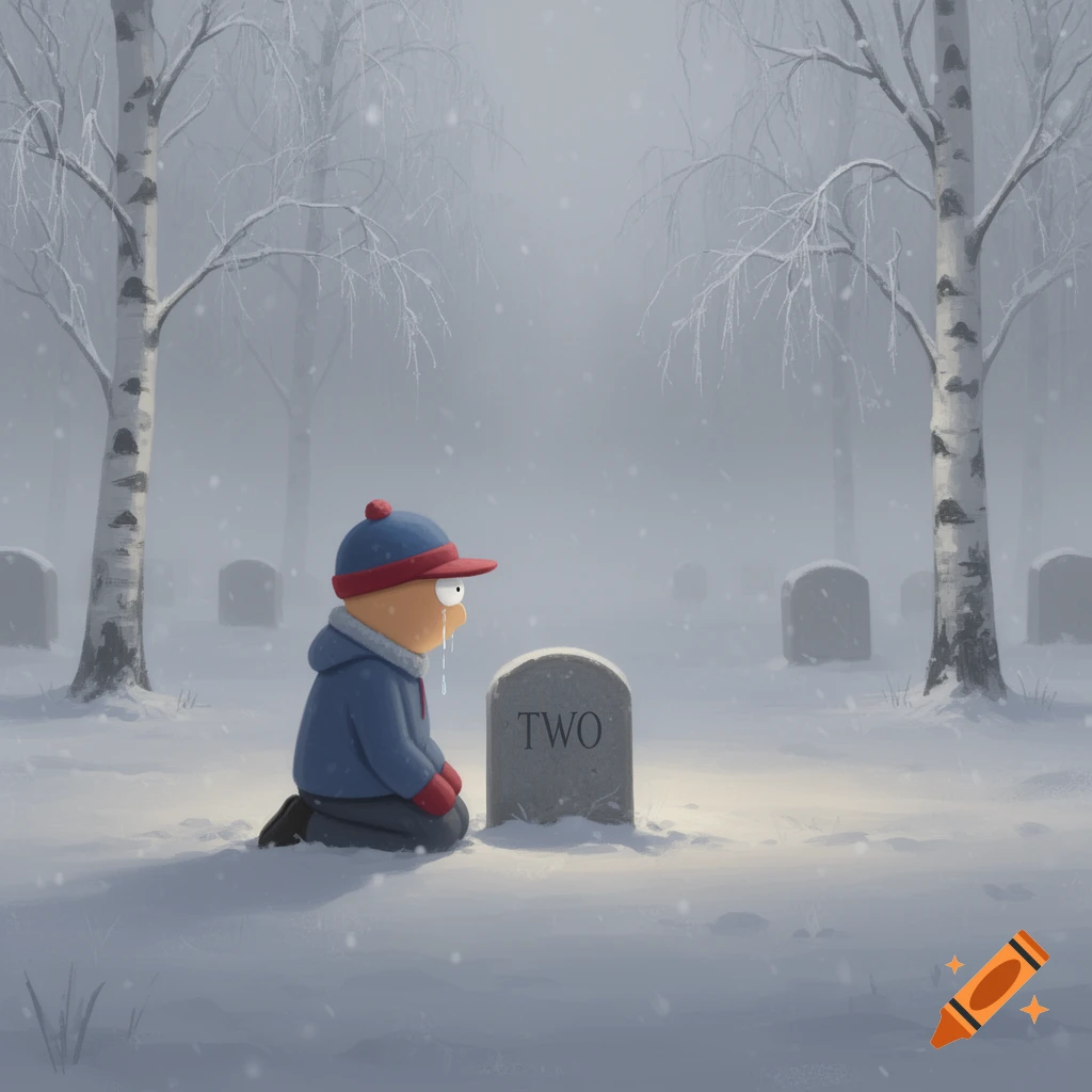 Cartoon character Stan Marsh kneels crying at a tombstone marked 'TWO' in a snowy graveyard with bare trees.