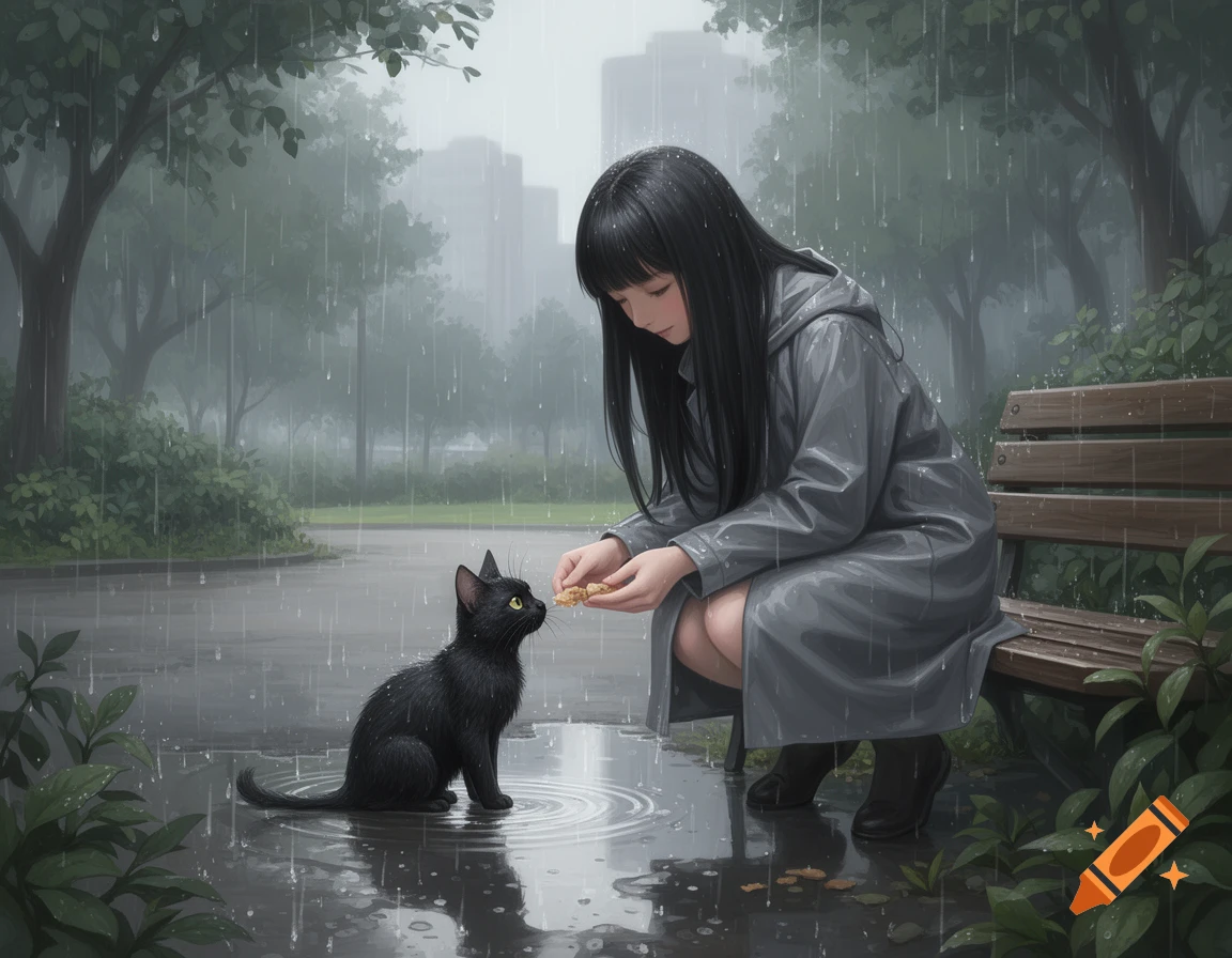A girl with black hair crouches by a park bench, feeding a black cat in the rain, with city buildings in the background.