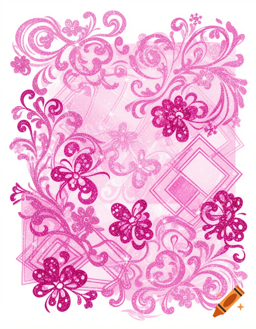 A vibrant pink glitter pattern featuring ornate swirling floral designs and stylized butterflies on a light pink background.