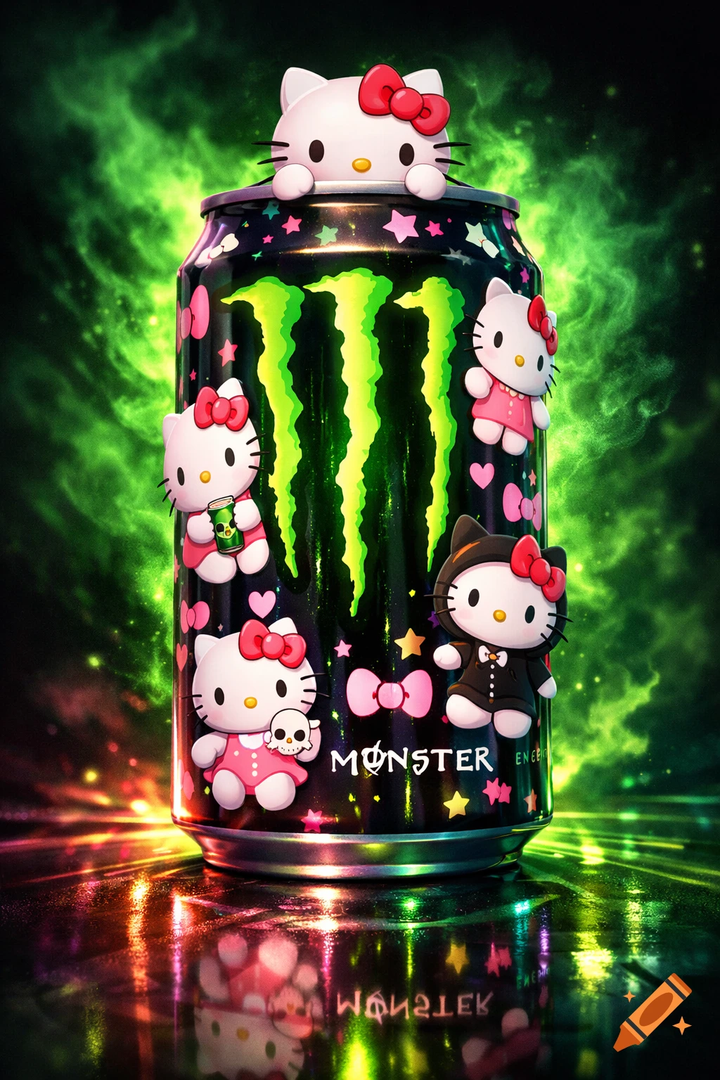 A Monster Energy drink can covered in Hello Kitty characters, with green smoke in the background and colorful reflections.