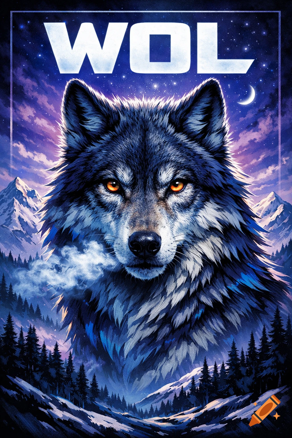 A poster features a majestic wolf with glowing orange eyes, exhaling mist, set against a vibrant purple and blue mountain night sky with a crescent moon and stars. The word "WOL" is at the top.