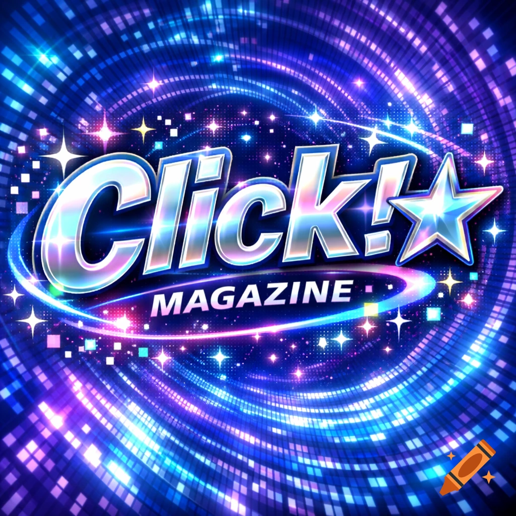 A vibrant Y2K-style logo for 'Click! Magazine' with sparkling silver text and a star, set against a swirling blue and purple digital background.
