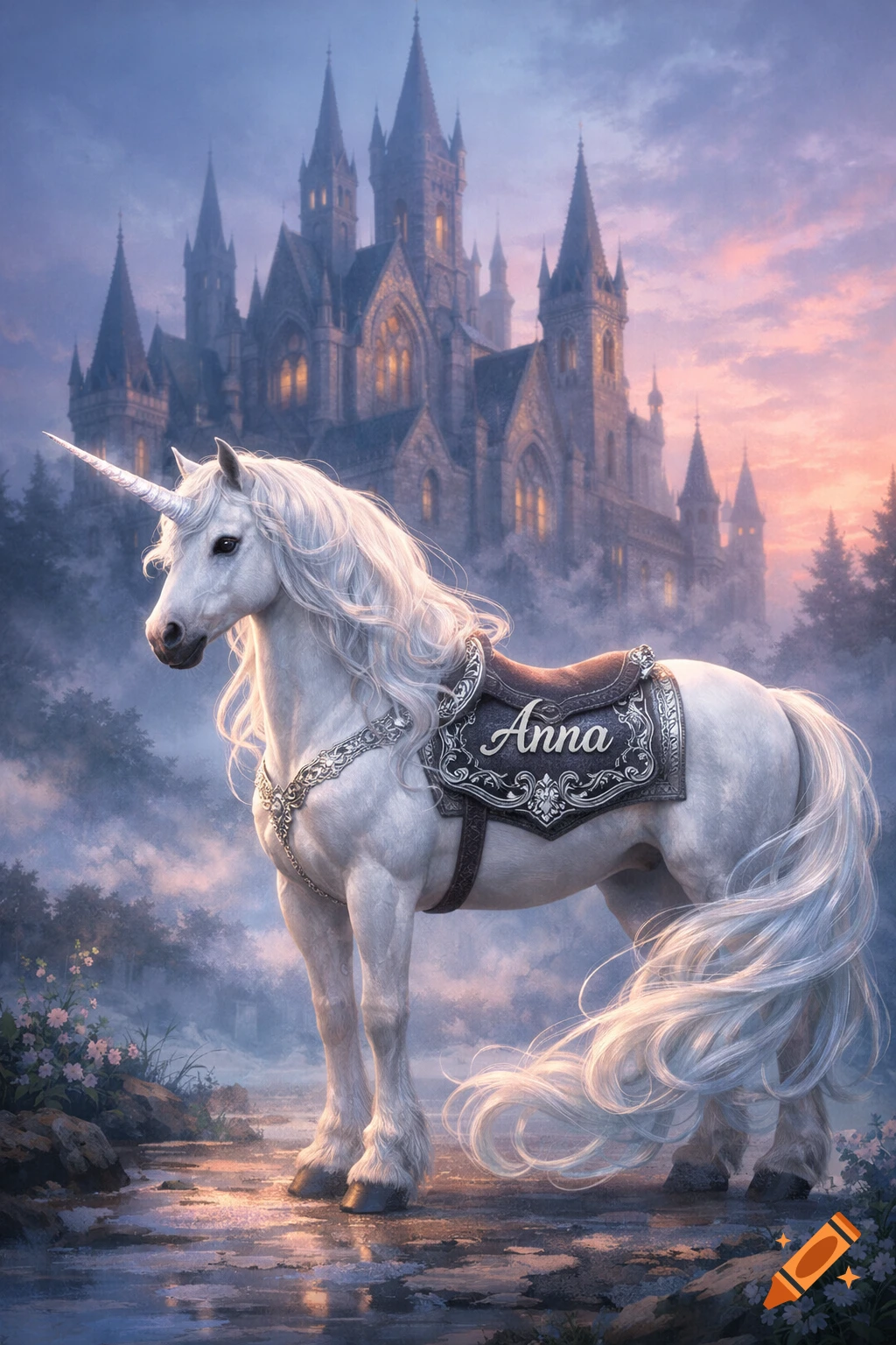 A white unicorn with a saddle inscribed 'Anna' stands by a misty stream before a grand castle at sunset, fantasy art.