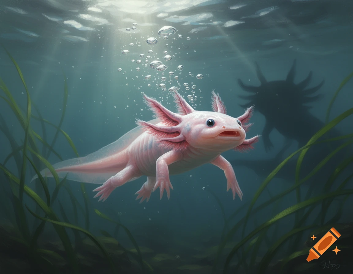 A pink axolotl swims through clear water with bubbles and sunlight, a dark shadow lurking behind it.