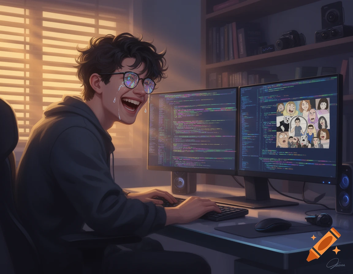 An anime-style young man with glasses laughs hysterically at dual computer monitors displaying colorful gibberish code and cartoon faces, in a warmly lit room.