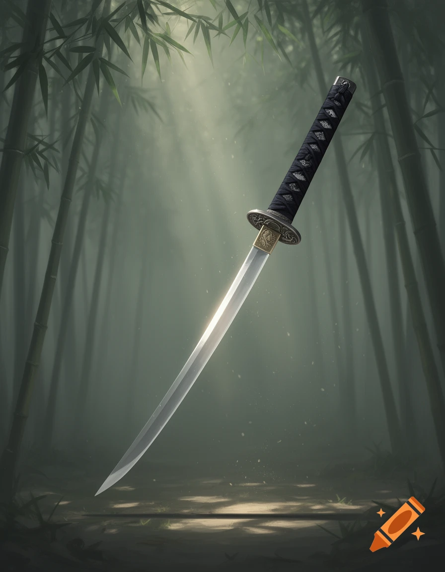 A detailed katana with a black hilt and shiny blade stands upright in a misty bamboo forest with light rays.