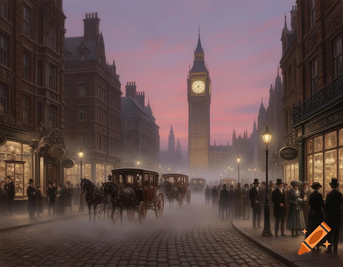 A foggy Victorian London street scene at dusk with horse-drawn carriages and pedestrians, Big Ben illuminated in the background.