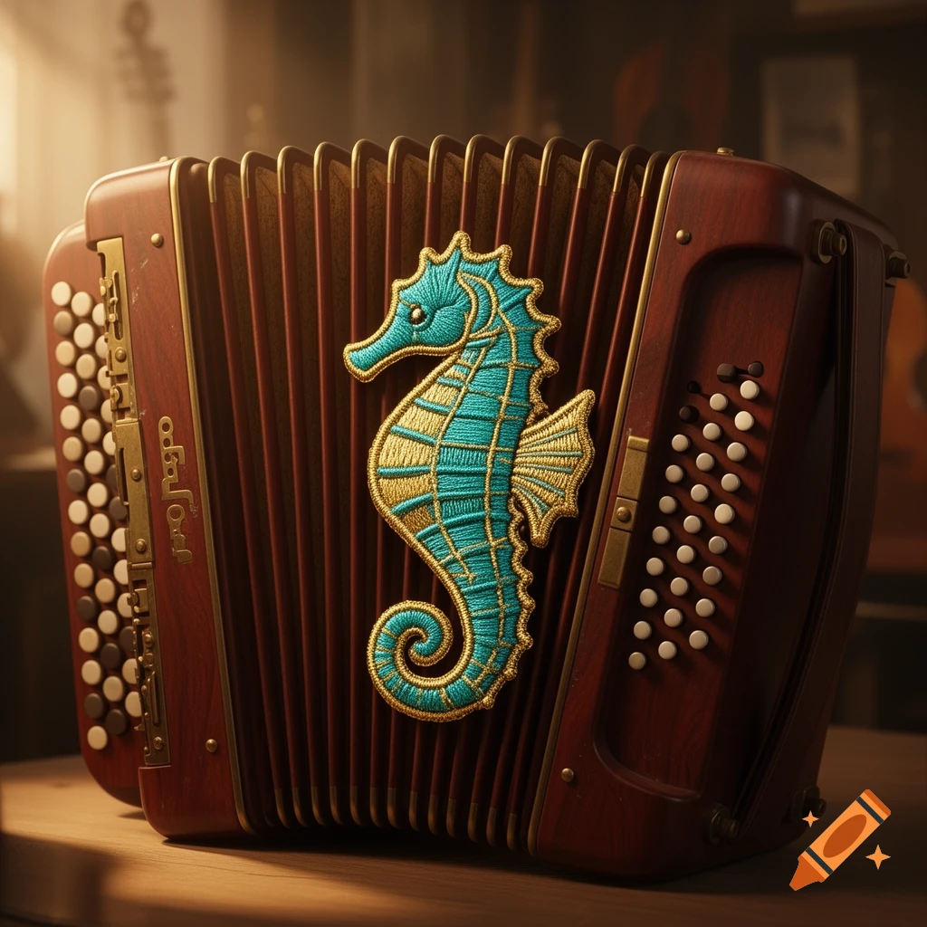A detailed close-up of a dark red wooden accordion adorned with a vibrant teal and gold embroidered seahorse badge.