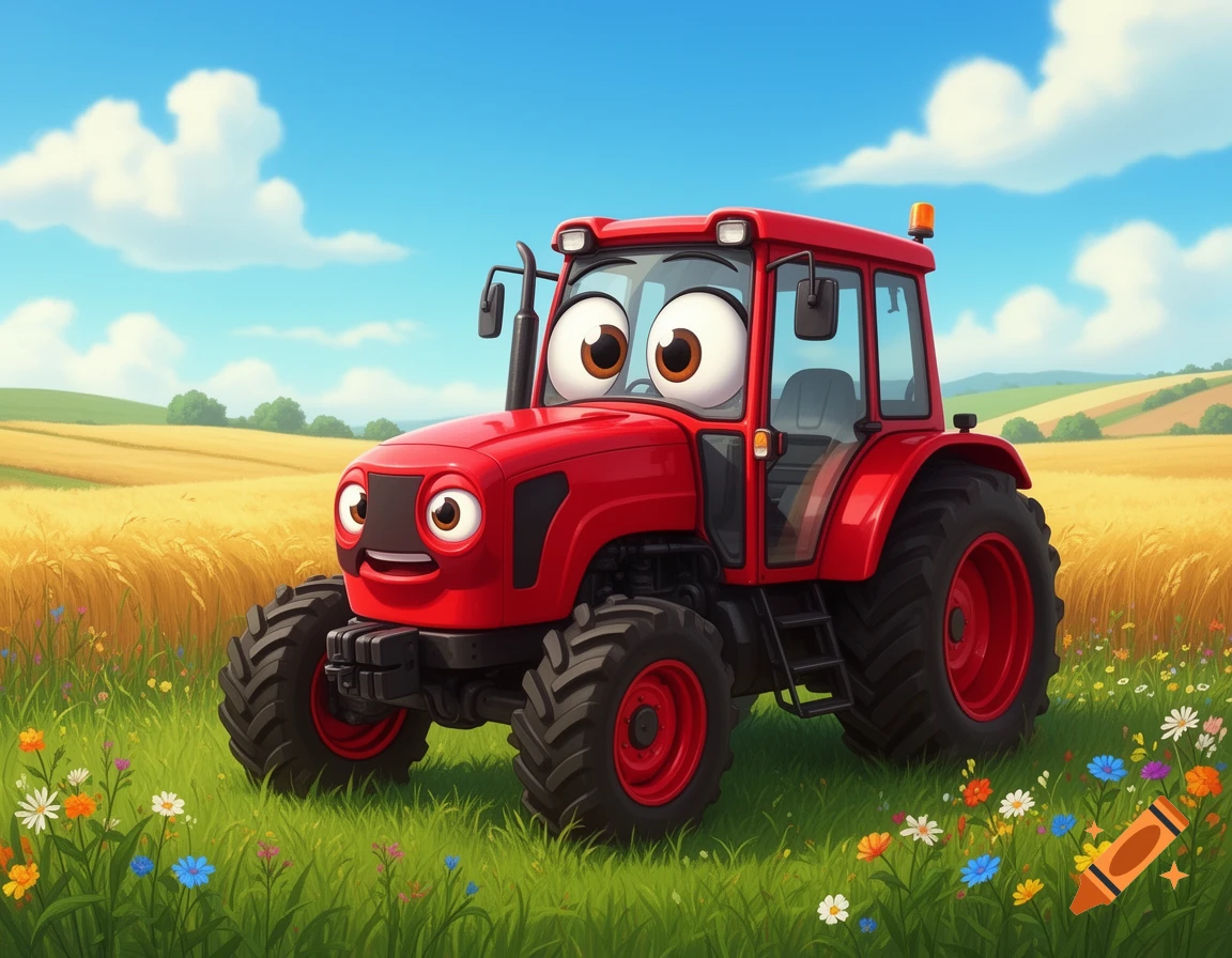 A cute red anthropomorphic tractor with large eyes stands in a lush green and golden field under a blue sky, in a cartoon style.