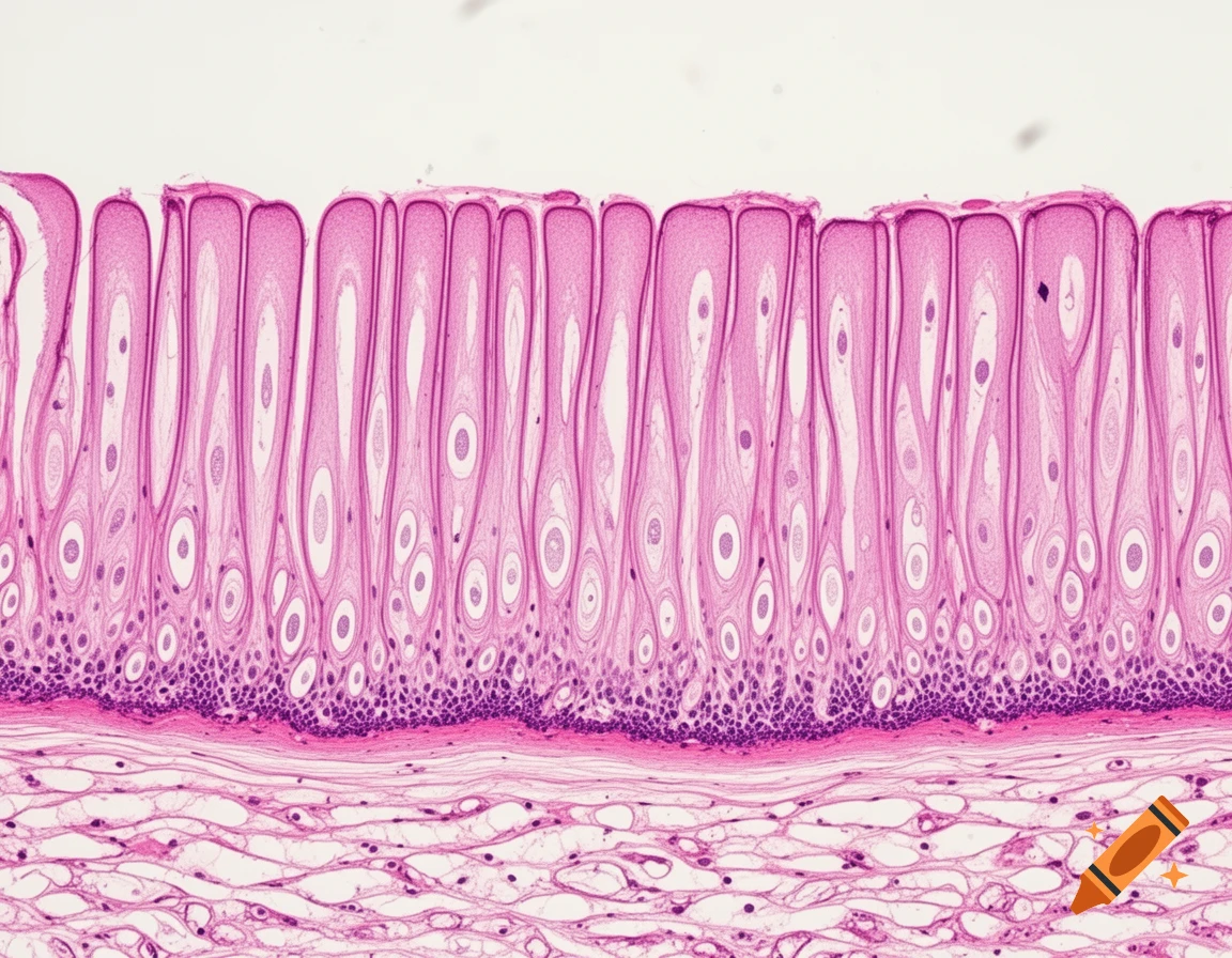 Close-up microscopic view of simple columnar epithelium tissue, stained pink and purple, showing elongated cells and visible nuclei.