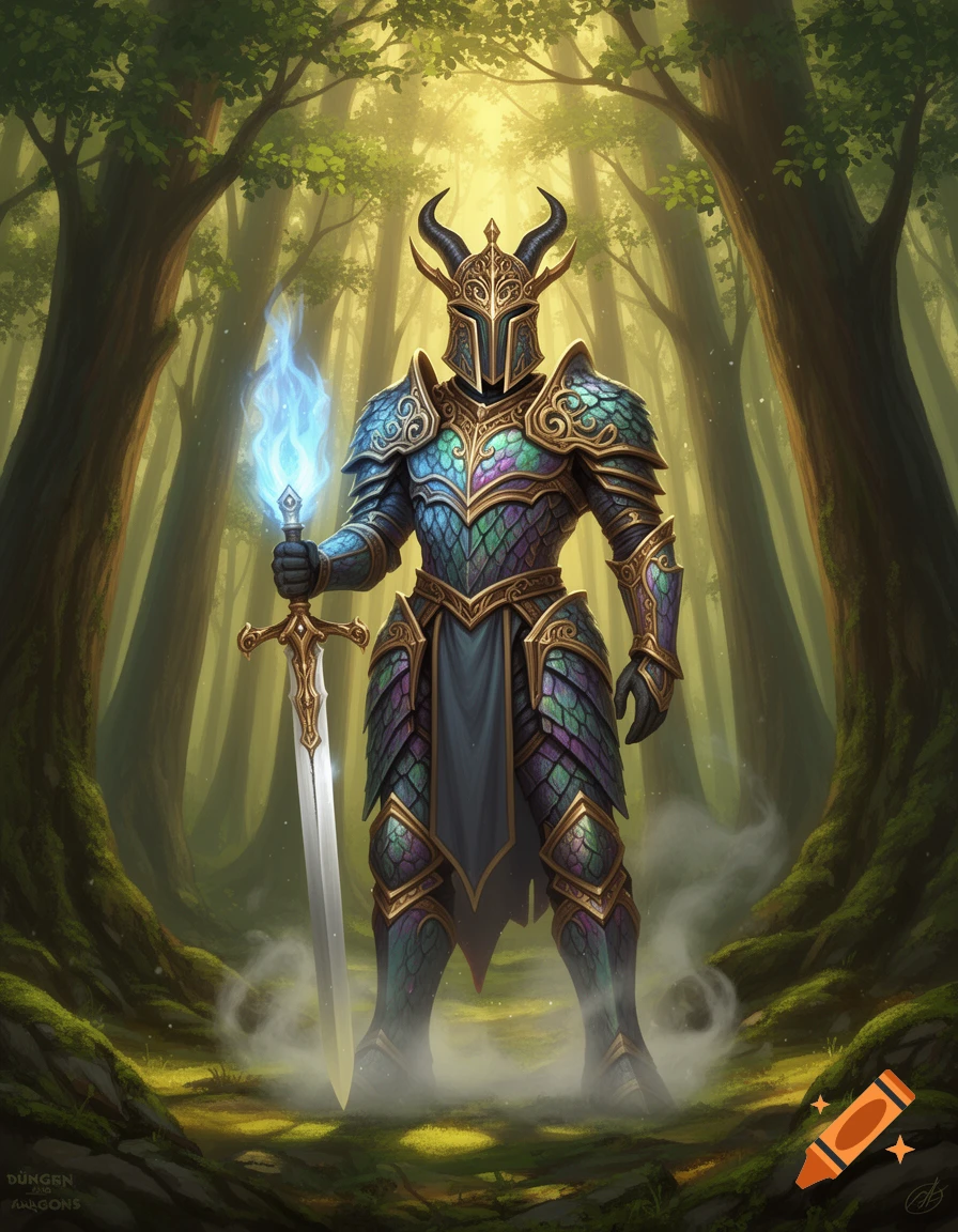 A majestic horned knight in detailed, scale-like armor stands in a sunlit forest, holding a sword with a glowing blue flame.