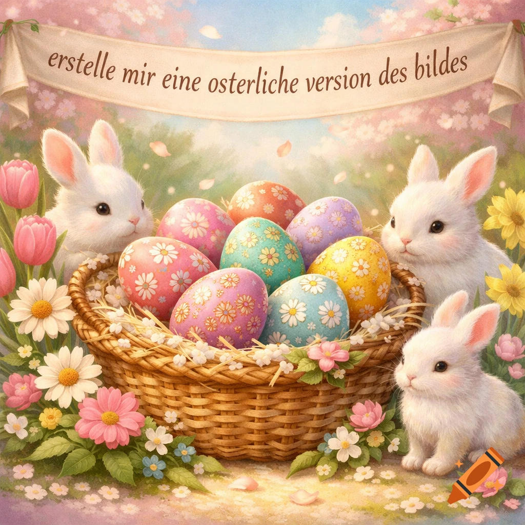 Three cute white bunnies with a basket of colorful, patterned Easter eggs and pink flowers in a soft, spring-themed setting.